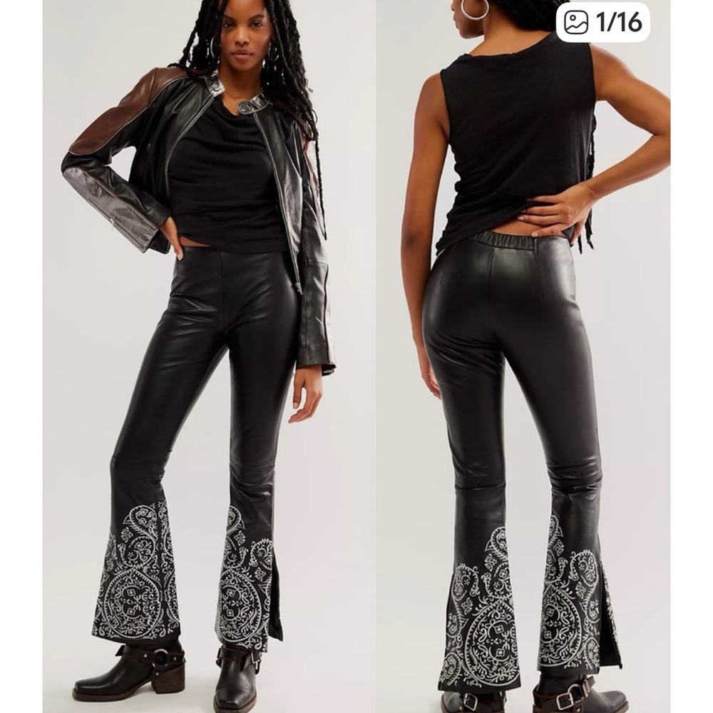 Free People x Understated Leather Embroidered Leather Flare Moto Pants